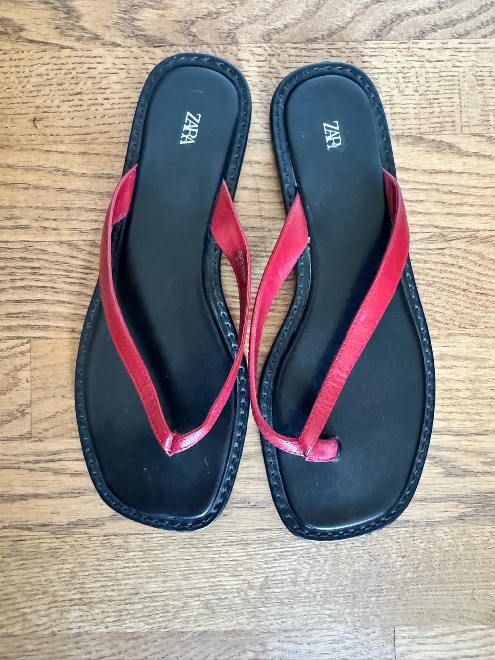 Zara Black Footbed Sandals with Red Straps